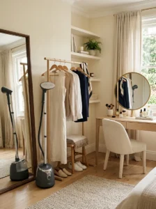 Compact garment steamer positioned near a full-length mirror in a beauty room.