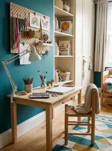 Girls bedroom with a dedicated art table and organized craft supplies.