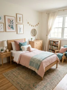 Timeless girls bedroom with a neutral base and changeable colorful accents.