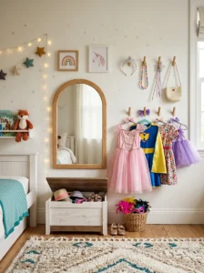 Girls bedroom dress-up corner with a child-height mirror and costume storage.