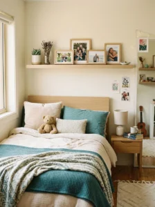 Girls bedroom decorated with meaningful family photographs in simple frames.