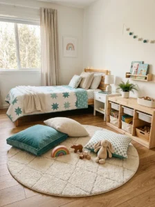 Soft play area rug with cushions and toy storage in a girls bedroom.