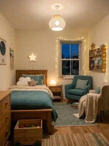 Girls bedroom with playful cloud, star, and fairy light fixtures.
