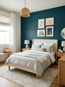 Girls bedroom layered with cozy blankets, cushions, pillows, and a soft rug.