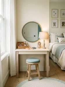 Girls bedroom with a bold teal accent wall behind the bed.