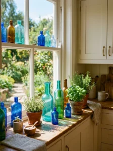 Blue and green glass bottles decorating a sunny kitchen windowsill.