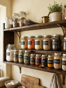 Glass ingredient jars with chalkboard labels in a vintage kitchen