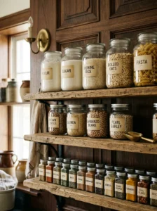 Labeled glass apothecary jars filled with kitchen ingredients on wooden shelves