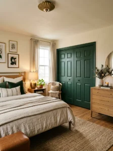 Botanical wallpaper inside paneled closet doors