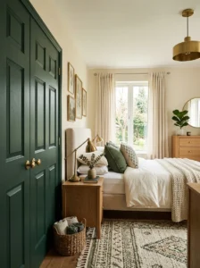 Forest green painted closet doors contrasting with bedroom walls