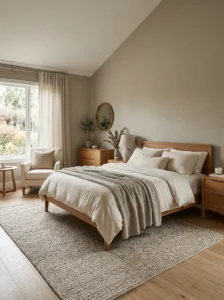 Cozy greige bedroom with warm beige and grey tones