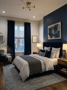 Grey and navy blue bedroom with brass accents