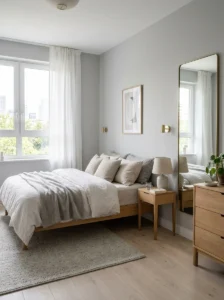 Small grey bedroom designed to feel bright and spacious