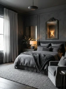 Moody all-grey bedroom with layered shades and textures