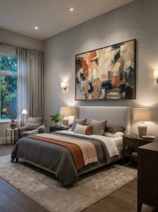 Minimal grey bedroom with meaningful accessories and simple décor