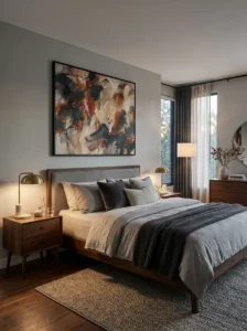 Grey bedroom with bold abstract artwork above the bed