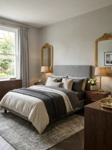 Grey bedroom with elegant brass and gold accents