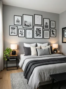 Grey bedroom with a black-framed gallery wall