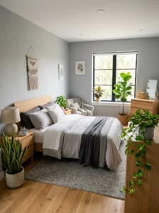 Grey bedroom decorated with green indoor plants
