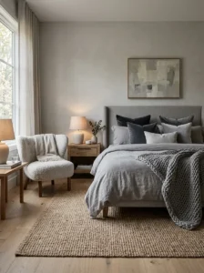 Textured grey bedroom with linen, knit, velvet, and woven fabrics