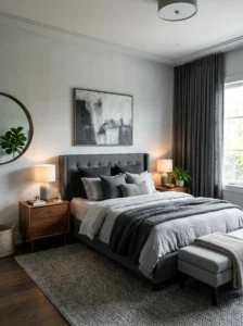 Grey bedroom with floor-to-ceiling charcoal curtains