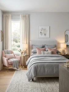Grey bedroom with soft blush pink decorative accents