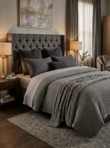 Grey bedroom with layered textured grey bedding