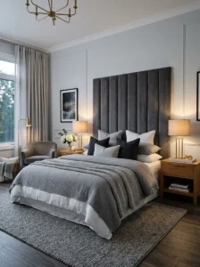 Grey bedroom featuring a dramatic charcoal statement headboard