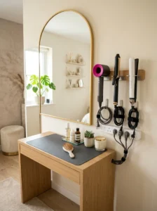 Organized beauty room hair tool station with heat-safe storage and accessories.