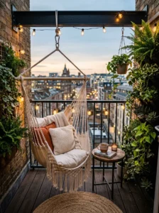 Space-saving hammock chair creating a cozy seating area on a tiny balcony.