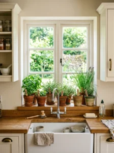 Deep kitchen windowsill displaying fresh basil, thyme, and chives.
