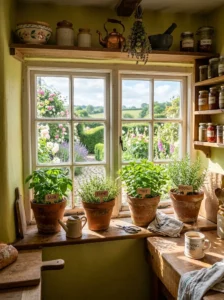 Fresh herb garden growing on a cottage kitchen windowsill.