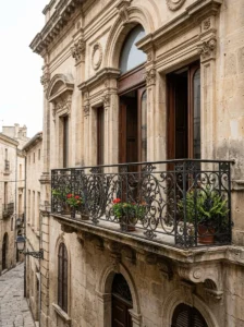 Ornate wrought iron balcony railing with decorative scrollwork