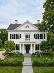 Colonial-style balcony with square wood balusters