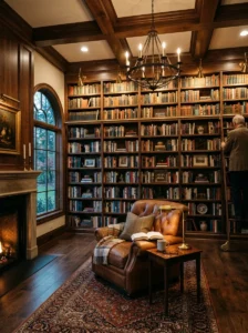 Floor-to-ceiling bookshelves covering one wall of a home library.