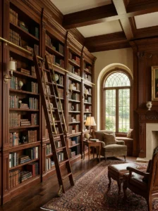 Rolling library ladder providing access to tall bookshelves.