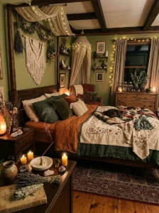 Intentional scent and botanical elements in a witchy bedroom.