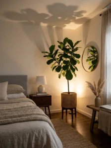 Bedroom plant highlighted with subtle uplighting
