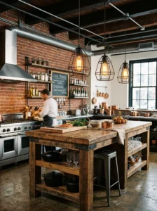 Industrial kitchen island with Edison bulb pendant lights.