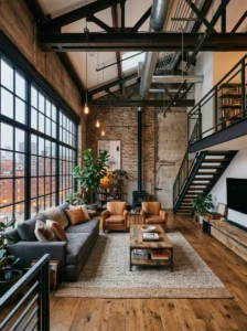 Exposed structural beams and ductwork in a high-ceiling living room.