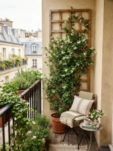 Climbing jasmine growing on a vertical trellis on a small balcony.