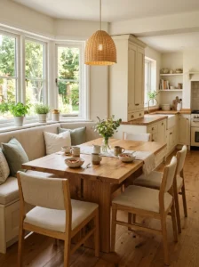 Solid wood dining table in a warm kitchen breakfast nook