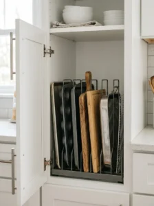 Vertical organizer storing baking sheets and trays upright inside a cabinet.