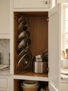 Vertical pot lid organizer keeping kitchen lids upright and accessible.