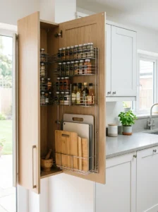 Kitchen cabinet door with practical space-saving storage racks