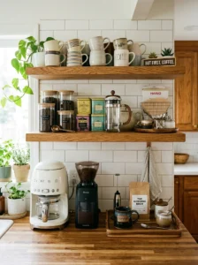 Kitchen shelving organized as a coffee and tea station.