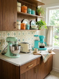 Pastel retro kitchen appliances on walnut countertops.