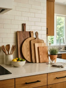 Natural wood bar stools surrounding a warm kitchen island
