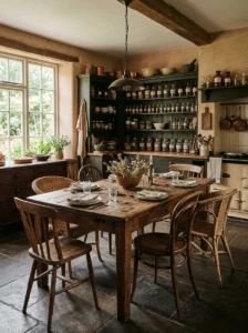 Reclaimed wood farmhouse dining table in an apothecary kitchen