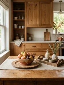 Natural wood charger and tray used as kitchen decor